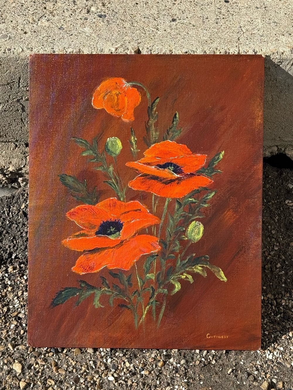 16x20" Vintage Poppy Flowers Earthy Brown Orange Original Painting by CUTHBERT